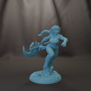 A figurine of a female character with a sword and shield, standing on a base and appearing to be in motion.