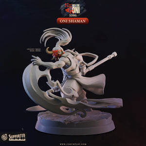 a detailed 3D model of a character with a large, curved weapon, possibly a sword or spear, and a distinctive hairstyle. The character appears to be a warrior or warrior-like figure, with a flowing robe and a mask. The image is set against a dark background, which emphasizes the character and its weapon.