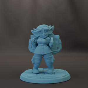 A light blue figurine of a female character with a backpack and a backpack-like object on her back, standing on a circular base.