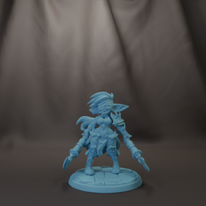 A figurine of a character with a sword and shield, standing on a base and facing forward.