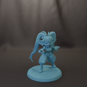 A figurine of a character with long hair and a fierce expression, standing on a blue base.