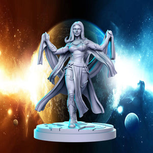 a statue of a woman standing in front of a planet