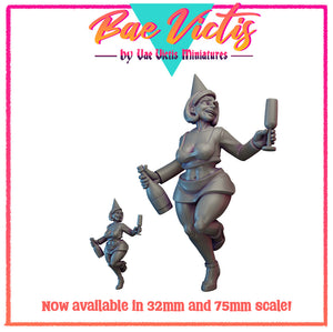 a woman holding a wine glass and a bottle, with a smaller version of the same woman in the background. The image is described as a "collage of multiple images" and is available in a 32mm and 75mm scale.