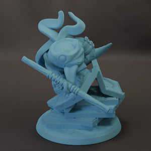 A light blue 3D model of a fantastical creature with a large head, long neck, and curved horns, standing on a platform and holding a weapon.