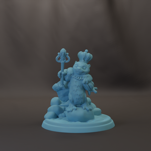 A light blue figurine of a cat-like creature standing on a pedestal, holding a staff and a book.