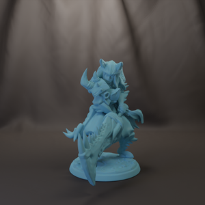 A 3D model of a blue, fantastical creature with horns and a tail, standing on a base and holding a weapon.