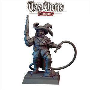 A 3D model of a character in a historical costume, holding a gun and a whip, with the text "Vae Vicis Miniatures" above the figure.