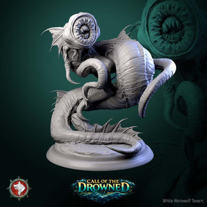 A 3D model of a large, menacing-looking creature resembling a sea monster or a sea serpent, with sharp teeth and a menacing expression. The creature is shown in a dynamic pose, with its head and body twisted in an ominous manner. The image is set against a dark green background, and there is a logo for the video game "Call of the Drowned" visible in the bottom right corner.