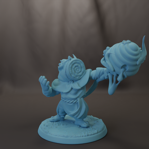 A blue figurine of a character with a spiral head and a large, round object in its hand.