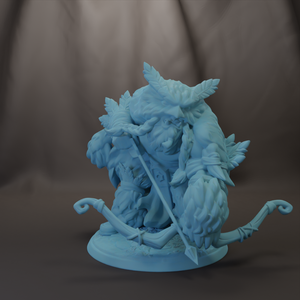 A figurine of a fantastical creature with intricate details and a pointed weapon, set against a dark background.