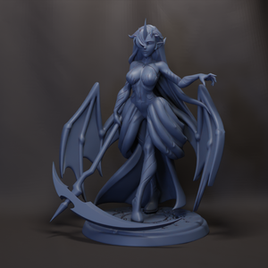 A 3D rendering of a female character with wings, holding a weapon, and standing on a platform.