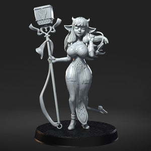 A 3D rendering of a female character with horns, holding a staff and a shield, standing on a platform.