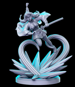 A 3D rendering of a female character in a dynamic pose, holding a weapon and surrounded by a stylized, abstract design.