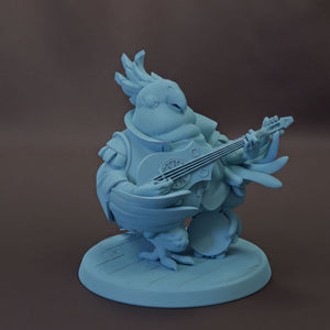 A light blue figurine of a bird-like creature playing a guitar.