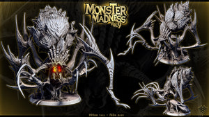 The image is a 3D rendering of a large, menacing-looking creature with sharp teeth and claws, resembling a monster or a dragon. The creature is depicted in various poses and angles, showcasing its imposing and menacing appearance. The creature is set against a dark background, which further emphasizes its menacing presence. The image is a collage of multiple images, and the text "MONSTER MADNESS VOL.9 1444N TALL - 735M BASE" is visible, indicating the title and some details about the creature.