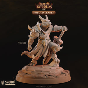 A 3D model of a Kobold Leader character from the video game Barren Kobolds, standing on a base and holding a sword.