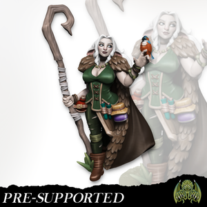 A 3D model of a female character with long white hair, wearing a green outfit and holding a staff. She is holding a small bird in her hand. The image is described as a pre-supported character, which means it is a part of a larger collection of characters that have been created and are ready for use in a game or other platform.