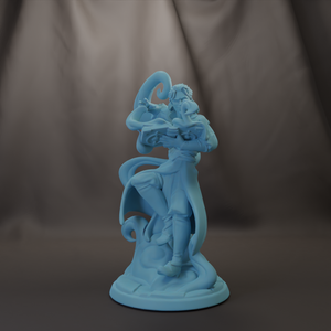 A figurine of a person playing a musical instrument, such as a guitar or flute, is depicted in the image.