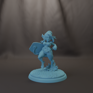 A figurine of a female character with a shield, standing on a base and holding a shield in her hand.