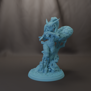 A figurine of a female character with horns and a long neck, standing on a base and holding a musical instrument.