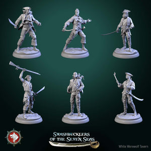 The image is a collage of six pirate-themed figurines, each depicting a different pirate character from the "Swashbucklers of the Seven Seas" series. The figurines are arranged in a grid pattern, showcasing various poses and stances of the pirate characters.
