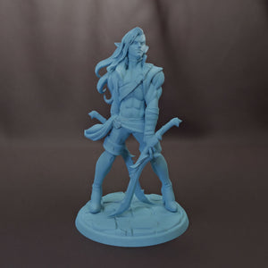 A 3D model of a warrior figure with long hair, holding a sword and shield, standing on a pedestal.