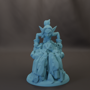 A 3D model of a blue-colored figurine with a human-like appearance, sitting on a rock formation and holding a set of dice.