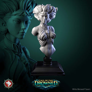 A bust of a woman with elaborate hairstyle and ornate jewelry, displayed on a black pedestal. The background is a dark green color, and there is a logo for the video game "Call of the Drowned" in the bottom right corner.