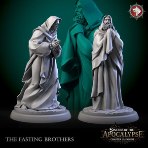 two statues of men in robes, one standing on a pedestal and the other on a base, against a dark green background. The text below the statues reads "The Fasting Brothers" and "Sisters of the Apocalypse, Chapter III, Famine".