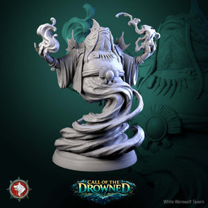 A 3D model of a fantastical creature, resembling a dragon or serpent, with flowing, ethereal forms and intricate details. The creature is set against a dark green background, and the image is titled "Call of the Drowned" from the video game series "White Werewolf Tavern".