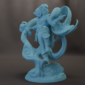 A blue 3D model of a fantastical creature, possibly a dragon or serpent, with intricate details and a dynamic pose.