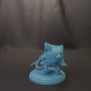 A light blue figurine of a cat-like creature, possibly a mythical or fantastical being, is depicted in a dynamic pose, standing on a platform and holding a weapon.