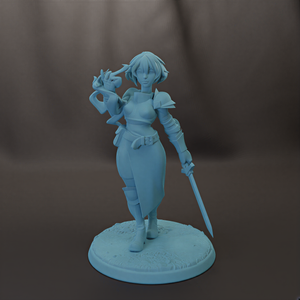 A 3D model of a female character with short hair and a sword, standing on a base.