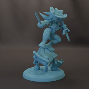 A blue figurine of a cowboy-like character holding a sword and shield, standing on a wooden base.