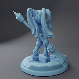 a blue plastic figurine holding a knife