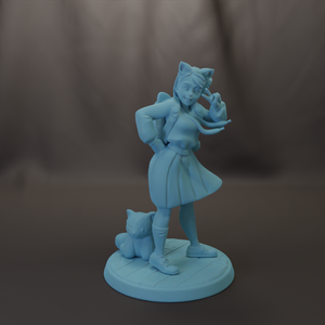 A light blue figurine of a girl with a cat on her lap, standing on a platform.