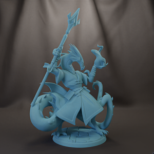 A 3D model of a fantastical creature, possibly a dragon or serpent, holding a staff and a weapon.