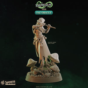 a figurine of a person playing a flute, standing on a mushroom-like base.