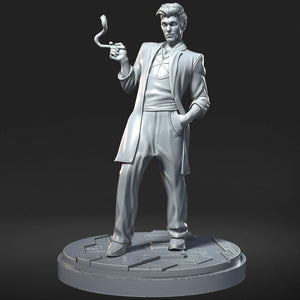 A 3D rendering of a man in a suit holding a snake, standing on a platform.