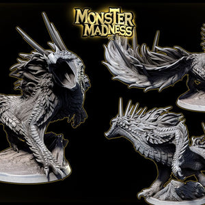 The image is a collage of four detailed 3D models of a fantastical creature, likely a dragon or mythical beast, with intricate textures and features. The creature appears to be a combination of a dragon and a serpent, with sharp teeth and a fierce expression. The creature is shown in various poses, from standing on a pedestal to sitting on a rock, against a dark background. The image does not contain any text or additional objects, and the creature is the sole focus of the collage.