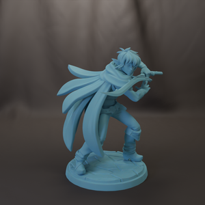 A figurine of a person with a cape and a sword, standing on a base.