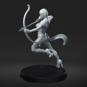 A 3D rendering of a female character holding a bow and arrow, standing on a platform.