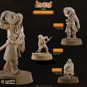 The image is a promotional advertisement for a Pirates of the Caribbean themed miniatures, featuring three different crew member figurines.