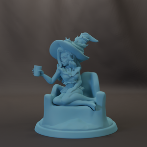 A light blue statue of a woman wearing a witch's hat and holding a cup, sitting on a chair.