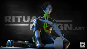 A 3D rendering of a person sitting on the ground, holding a drink, with a futuristic-looking vehicle and other objects in the background.