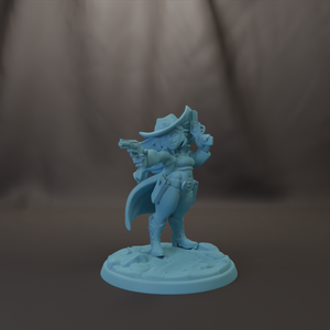 A figurine of a female character in a cowboy hat and boots, holding a gun and standing on a base.