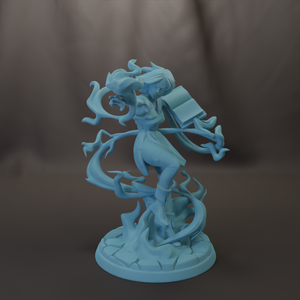 A 3D model of a female character with a flowing, ethereal appearance, holding a book and surrounded by swirling, organic shapes.