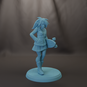 A light blue figurine of a young girl holding a skateboard.