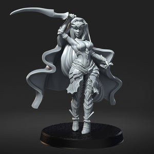 A 3D rendering of a female character with long hair, wearing a cape and holding a sword, standing on a platform.