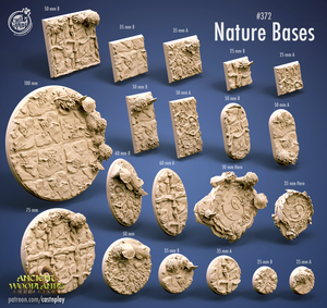 various nature-themed bases, including square, rectangular, and circular shapes, as well as a few smaller, irregularly shaped pieces. The bases are made of a light-colored material and have a textured, natural appearance.
